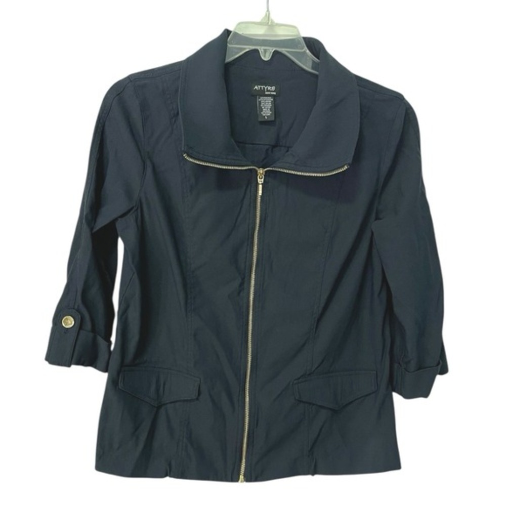 ATTYRE New York L Navy Blue Zip Up‎ Jacket 3/4 Sleeve Mock Neck Workwear Preppy